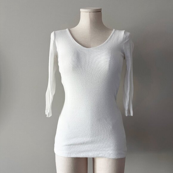 Michael Stars V-Neck Top Womens Size OS White Shimmer 3/4 Sleeves - Picture 1 of 5